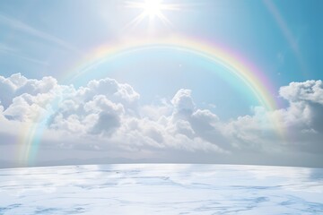 Marble floor with blue sky, white clouds and rainbow in the background