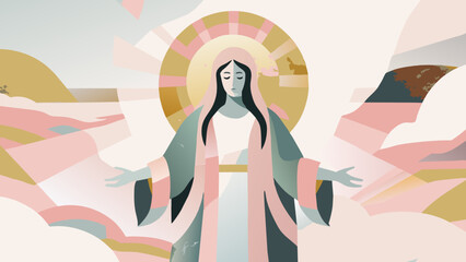 Serene Spiritual Guide in Surreal Landscape Illustration. Assumption of the Blessed Virgin Mary