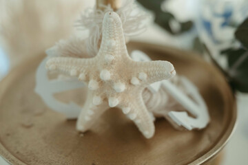 small plastic starfishs on a table with vases