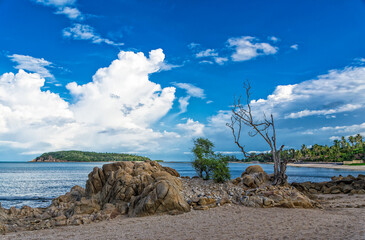 Scenic dramatic landscape of the Samui Island rocky shore with stones on wild beach