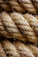 Fototapeta premium Close-up of a piece of rope, showcasing its twisted texture and natural fibers.