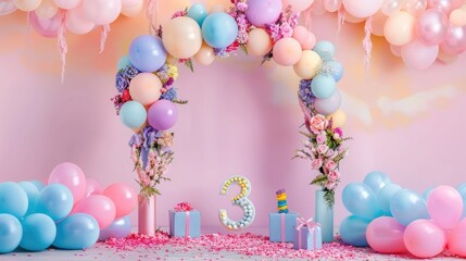 Arch photo zone for a birthday with the number 3, made of balloons, sweets and gifts