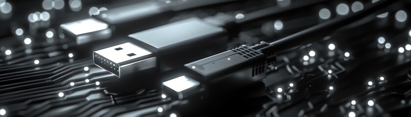 Floating USB cables with neon accents in a dark room, top view, Neon network, futuristic tone, black and white