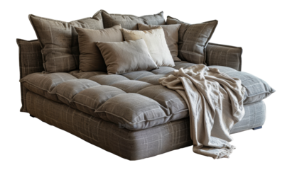 Casual brown plaid loveseat with pillows, cut out - stock png.