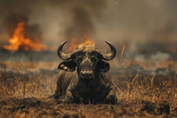Cape buffalo runs from burning savannah. Wild grasslands fire. Wild animal in the midst of fire and smoke. Environmental concept