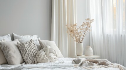 Serene bedroom with white bedding, sheer curtains, and natural light. Perfect for peaceful bedroom decor and minimalist home interiors.