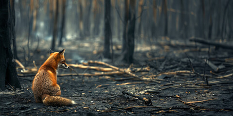 A tired fox is sitting in the middle of a burned forest. Wild forest fire. Wild animal in the midst of wasteland after a fire. Environmental concept