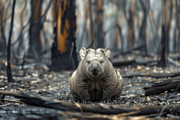 A tired wombat is sitting in the middle of a burned Australian forest. Wild bush forest fire. Wild animal in the midst of wasteland after a fire. Environmental concept