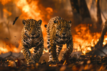 Jaguars run from burning Amazonian forest. Wild forest fire. Wild animal in the midst of fire and smoke. Environmental concept
