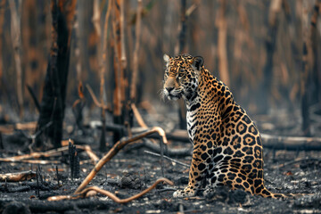 A tired jaguar is sitting in the middle of a burned Amazonian forest. Wild forest fire. Wild animal in the midst of wasteland after a fire. Environmental concept