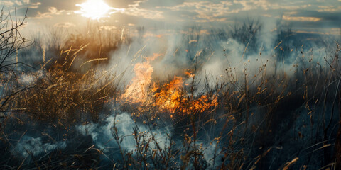 Wild fire burning dried grass on field during the day. Wild forest fire. Environmental concept