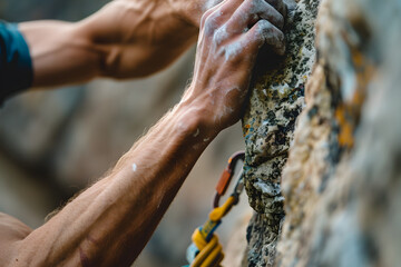 a rock climber's hands gripping a cliff edge as they reach for the next hold, showcasing the determination and skill of climbing
