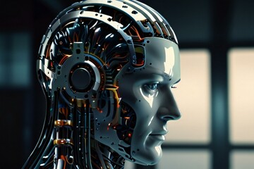 The AI Head of the Machine Robot with Copy space