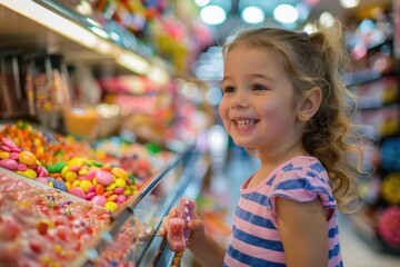 Little girl observing candy selection in a candy store