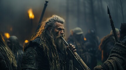 Viking Warrior Blowing a Horn in a Dramatic Outdoor Setting