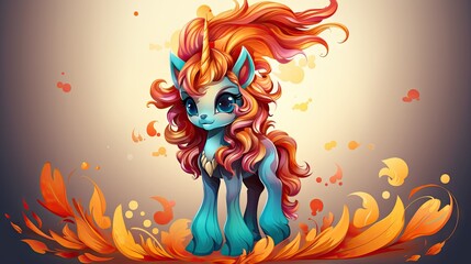 Fototapeta premium Colorful Cartoon Unicorn with Rainbow Mane and Decorative Elements - Vector Clip Art