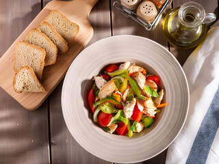 Meat salad with chicken, tomatoes, cucumbers with pieces of bread
