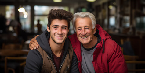 Portrait of father and son. Caucasian middle age male with boy, smiling and happy. Father's Day concept. - Powered by Adobe