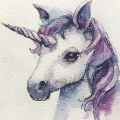 Watercolor Drawing of a Cute Colored Unicorn, Close-Up