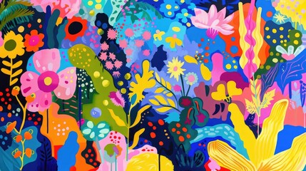 A vibrant painting featuring a plant and flower pattern with colorful leaves on a green background, creating a beautiful visual arts piece AIG50
