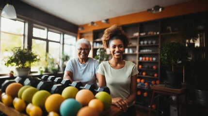 Fototapeta premium Senior Woman and Young Woman Smiling in a Gym with Dumbbells and Exercise Balls