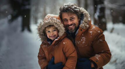 Fototapeta premium Father and Son Enjoying Winter Fun Outside in the Snowy Forest