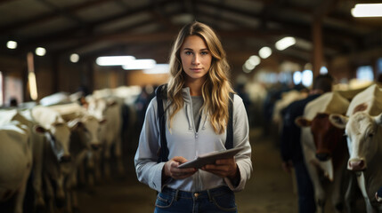 Fototapeta premium Young Female Farmer with Tablet Standing by Cows in Cattle Barn