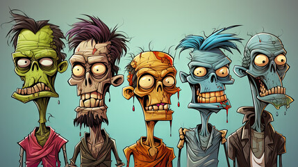 Colorful Cartoon Zombie Heads with Unique Expressions in Separate Layers