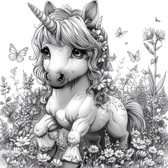 Fototapeta premium black and white illustration of a unicorn, coloring book for children