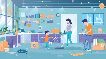 A family is getting ready to go on a bike ride