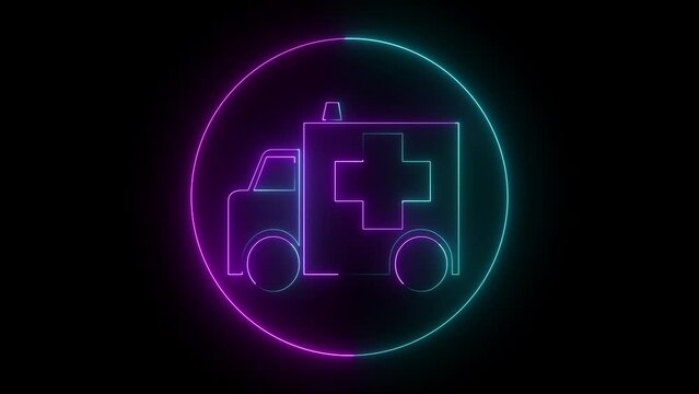 Glowing neon light ambulance icon, medical equipment icons. and car icon with circle animation on black background