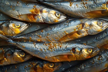 Obraz premium Sardines arranged in a can, perfect for canned food product advertisements. 
