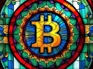 large stained-glass window with the bitcoin symbol, creating an ethereal effect
