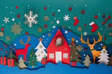 A digital collage featuring Christmas symbols including deer and snowflakes on a blue background