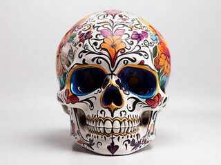 Painted colorful large human skull For the day of the dead and Halloween white isolated background