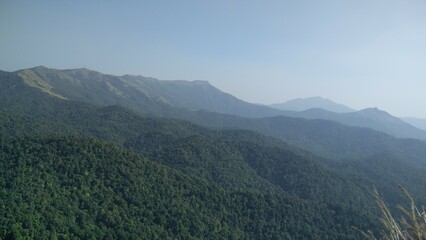 Naklejka premium Aerial view of forests and hills in Charmady Ghats on the western ghats of Karnataka, India.