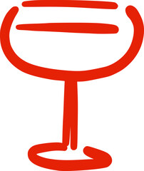 Cocktail or champagne glass in a whimsical hand-drawn style. Isolated illustration in red color. Alcoholic drink. Suitable for wedding invitations, posters, banners