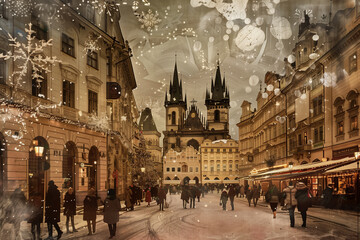 Obraz premium Prague City street scene with snowflakes depicted in watercolor Collage