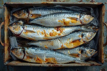 Obraz premium Sardines arranged in a can, perfect for canned food product advertisements. 