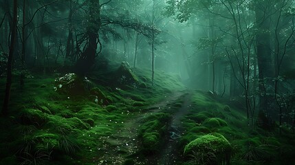 Journey through a mystical forest shrouded in mist, where a deep emerald tire silently traverses the moss-covered pathways, blending seamlessly with the enchanting surroundings.