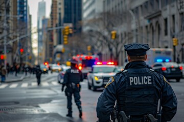 A police officer in uniform walks down a busy city street lined with shops and cars