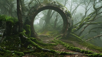 Journey through a mystical forest shrouded in mist, where a deep emerald tire silently traverses the moss-covered pathways, blending seamlessly with the enchanting surroundings. - Powered by Adobe
