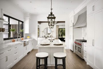 Modern kitchen featuring white cabinets and marble countertops
