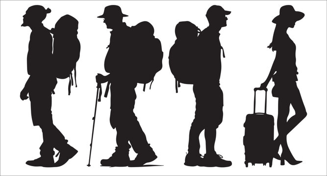silhouette illustration of travelers standing with backpacks and luggage, adventure and wanderlust design for travel blogs and tourism marketing