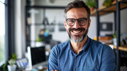 Obraz premium Smiling, handsome businessman, in a bright office, real life, front view, interior style design