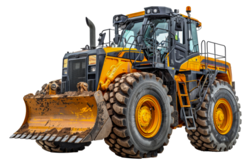 Heavy duty yellow construction vehicle with large bucket, cut out - stock png.