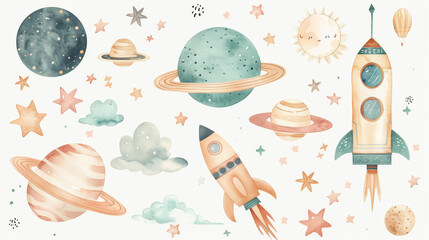 Cute whimsical clip art collection on white background with margins, watercolor, space exploration, cute clouds, desaturated, light teal and beige