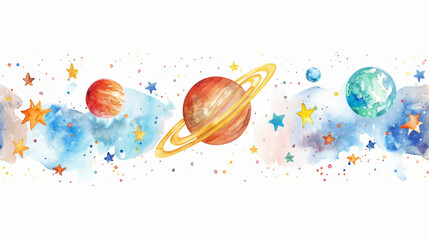 North Star , planets, watercolor, on white background