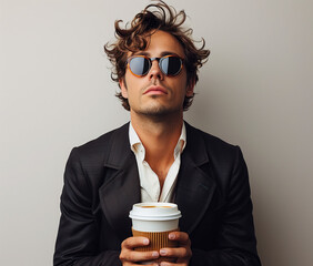 Hombre joven 40s, tez morena, gafas de sol cabello rizado despeinado camisa blanca traje, sujetando un vaso de café sobre fondo claro, de frente, recurso gráfico, seguridad, finanzas, trabajo se busca