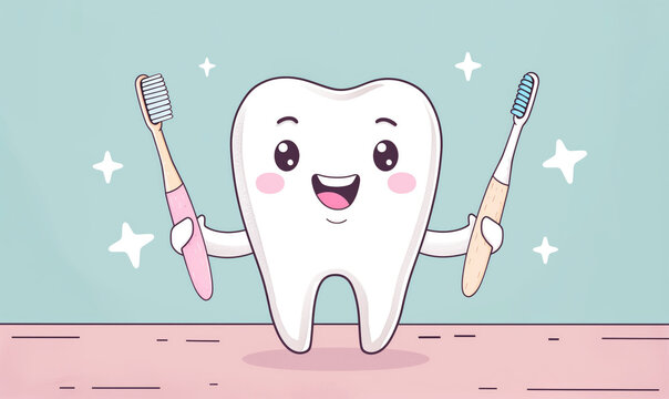 Dibujo 2D de una muela ilustrada sujetando dos cepillos de dientes, colores pastel, educaci&oacute;n dental dirigida a ni&ntilde;os peque&ntilde;os, ense&ntilde;anza de cuidado bucal. Divertido concepto, recurso gr&aacute;fico